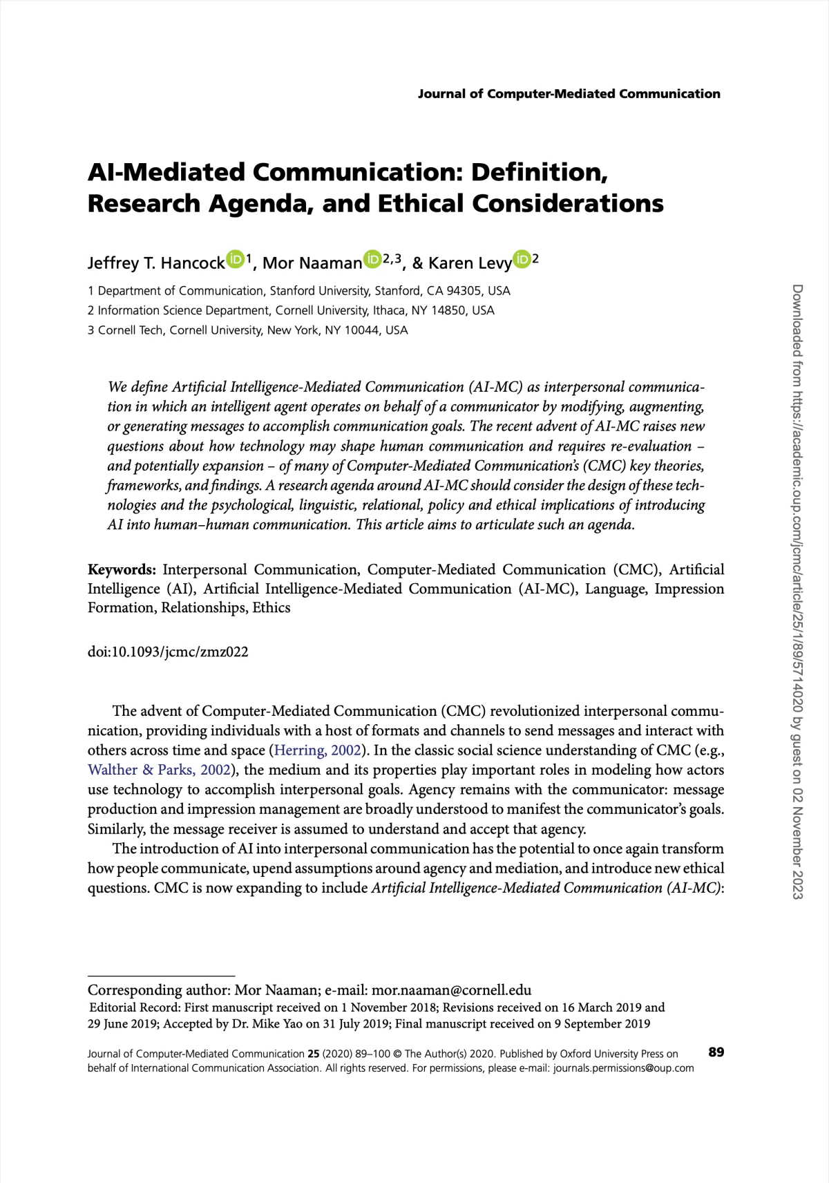 AI-Mediated Communication: Definition, Research Agenda, and Ethical Considerations
