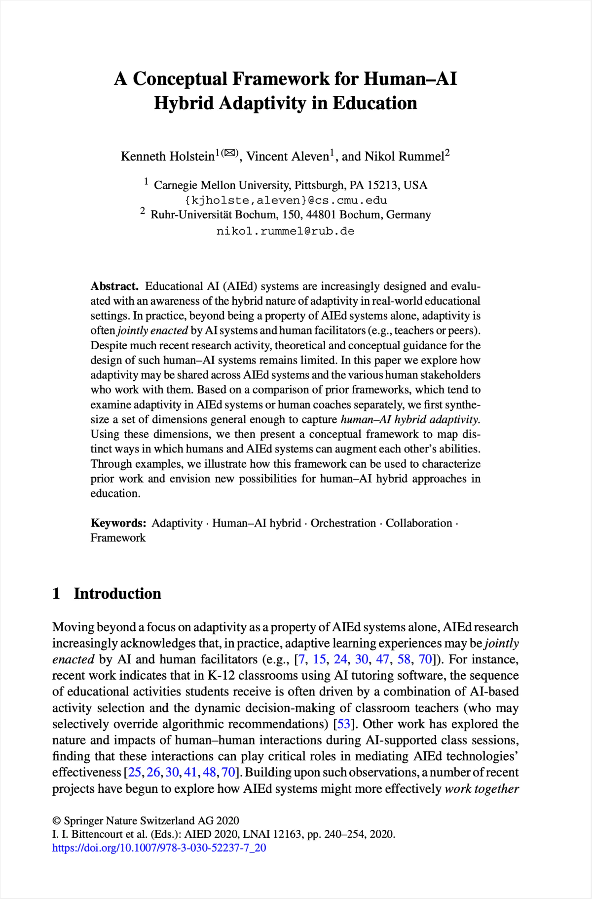 A Conceptual Framework for Human–AI Hybrid Adaptivity in Education