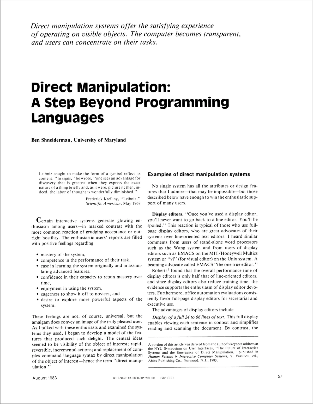 Direct Manipulation: A Step Beyond Programming Languages