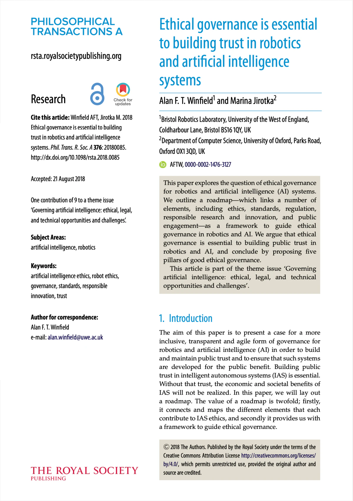 Ethical governance is essential to building trust in robotics and artificial intelligence systems