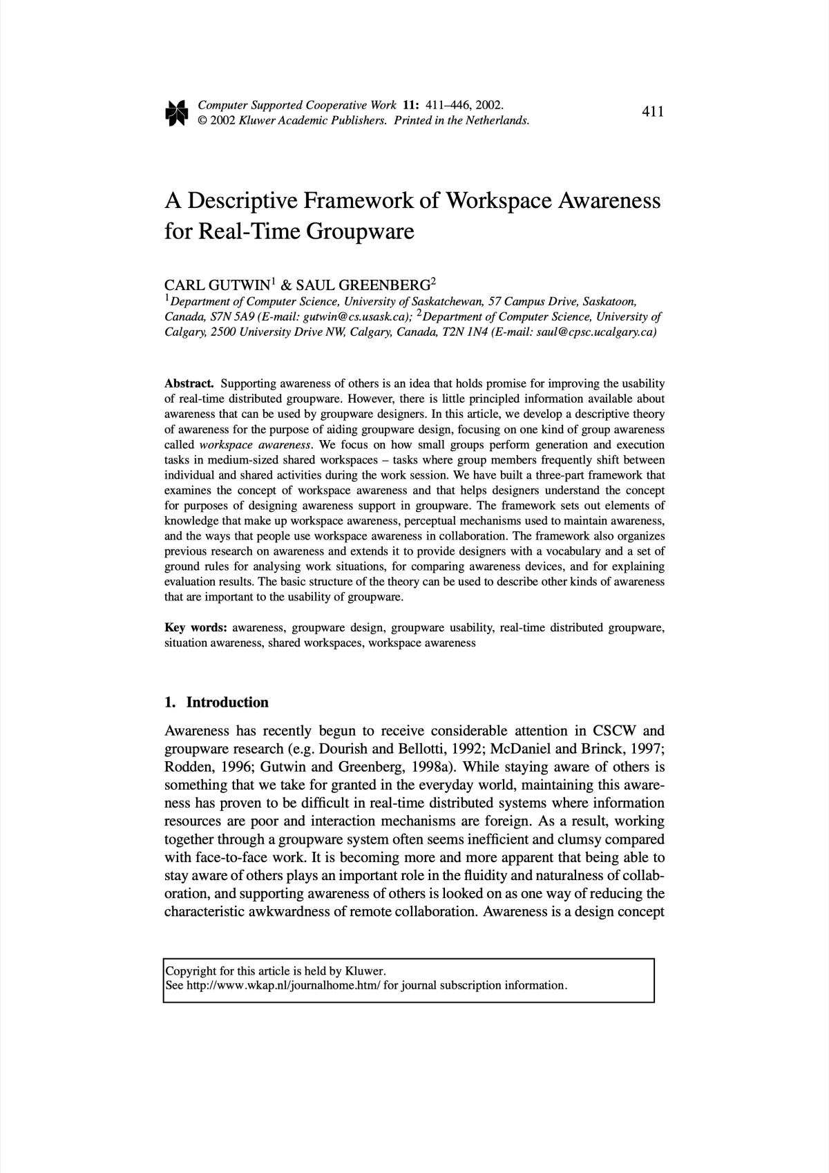 A Descriptive Framework of Workspace Awareness for Real-Time Groupware