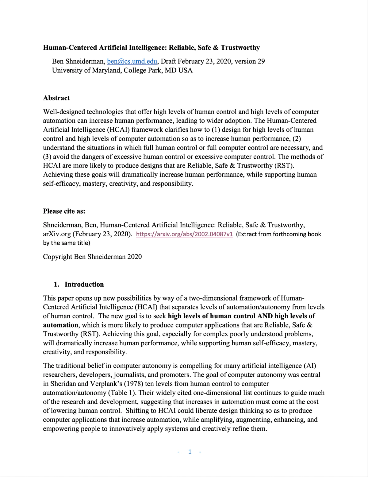 Human-Centered Artificial Intelligence: Reliable, Safe & Trustworthy