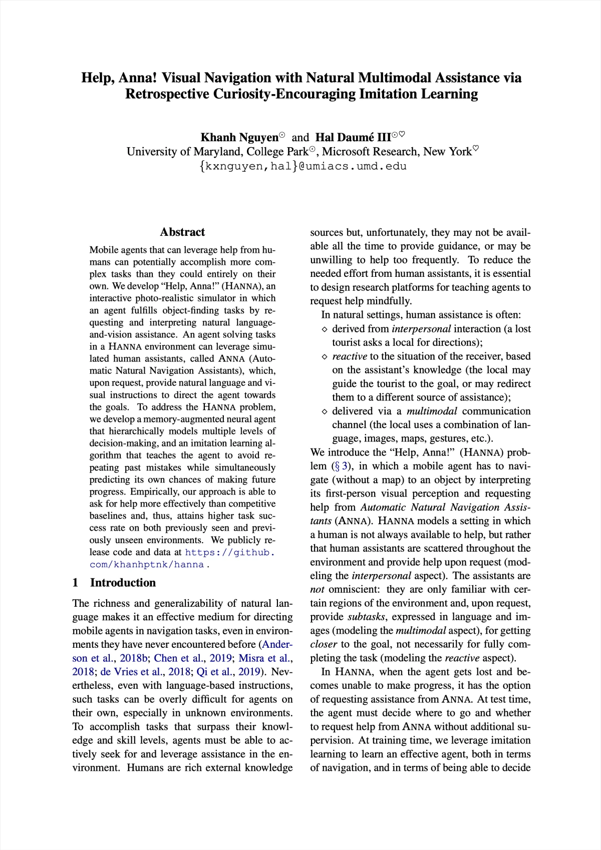 Help, Anna! Visual Navigation with Natural Multimodal Assistance via Retrospective Curiosity-Encouraging Imitation Learning