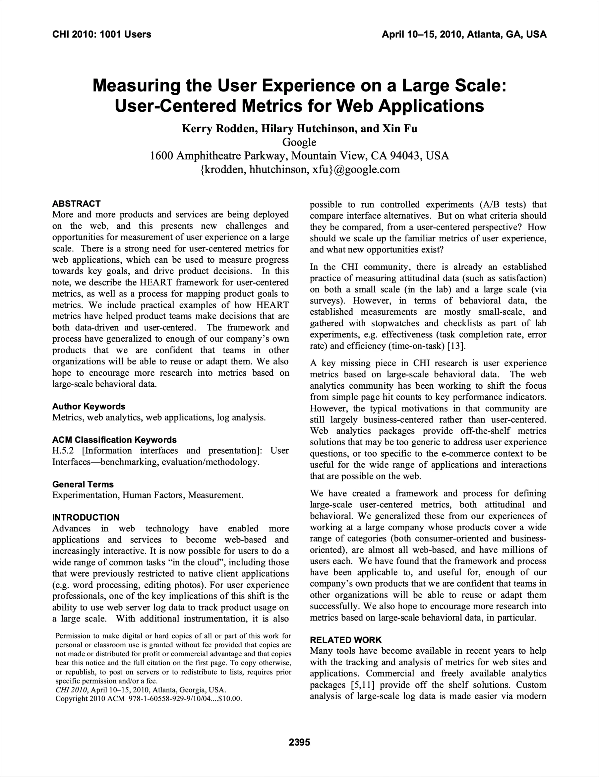 Measuring the User Experience on a Large Scale: User-Centered Metrics for Web Applications